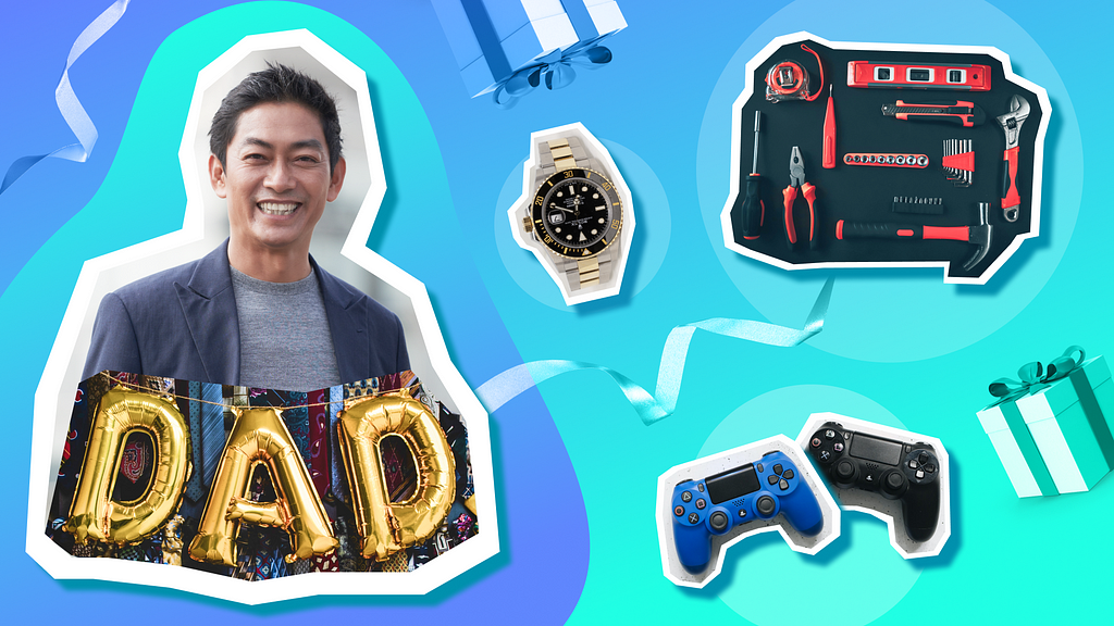 a dad and Father’s Day gifts (watch, tools, game controllers)