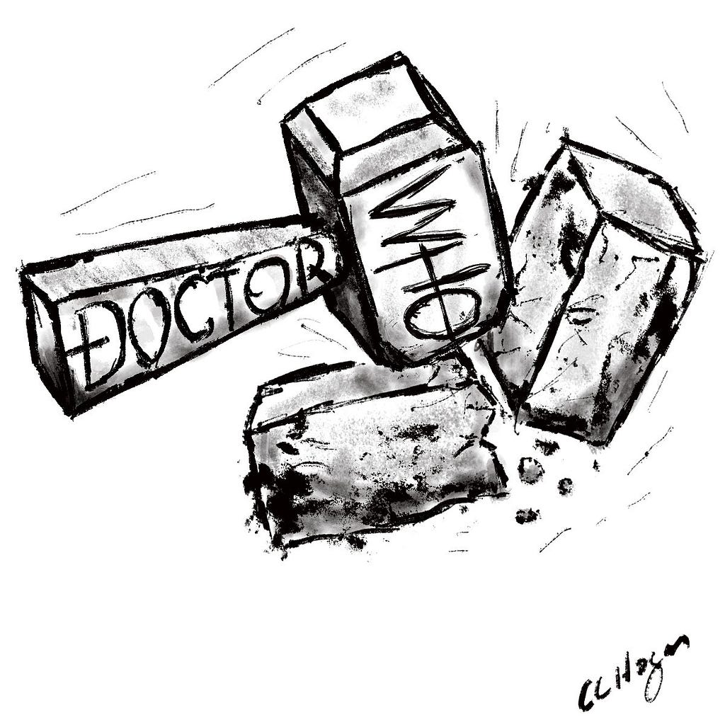 A hammer with Doctor Who written on it, busting a block