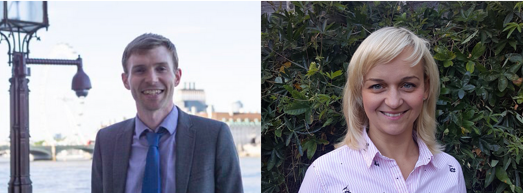 An image of David standing in front of a river and Marzena standing in front of a hedge. Both are smiling and in work clothes.