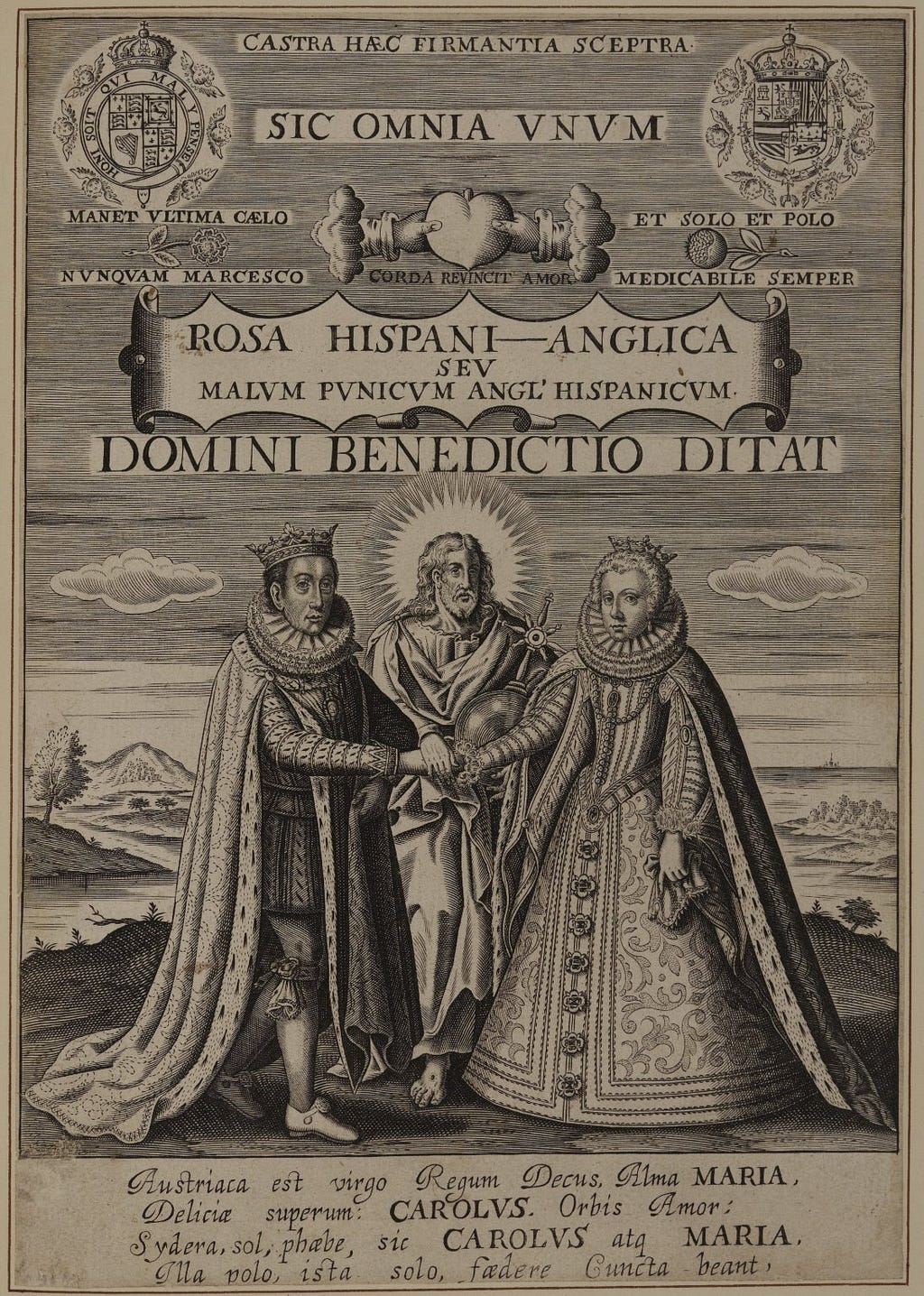 The King and Queen with Jesus. The top of the document has royal sigil’s while the main focus of the document is the illustration of a royal couple with Jesus. There is latin writing all the way through the document.