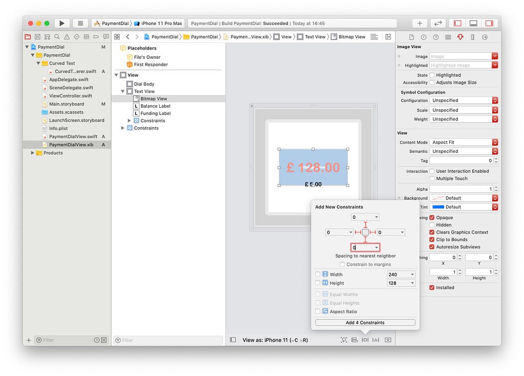 Interface builder showing bitmap view with its consrtaints