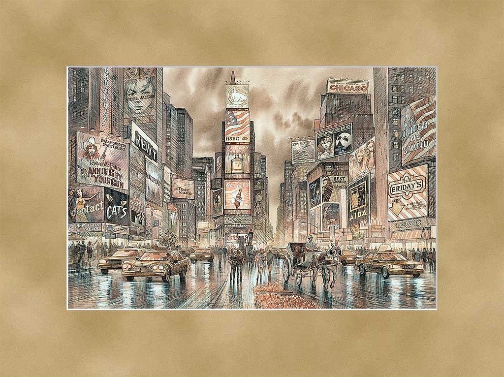 Times Square Sepia Watercolor Painting by Roustam Nour