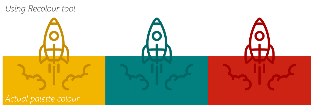 Three versions of the rocket icon, each recoloured with one of the palette colours, shown against the true palette colour to illustrate that they are not true colours.