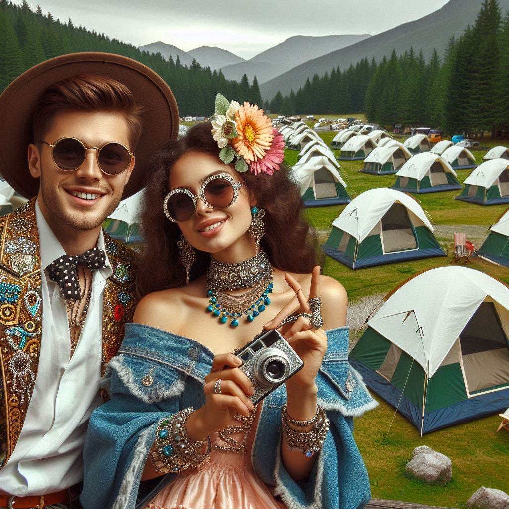 glamping outfits worn by a young couple at a campsite