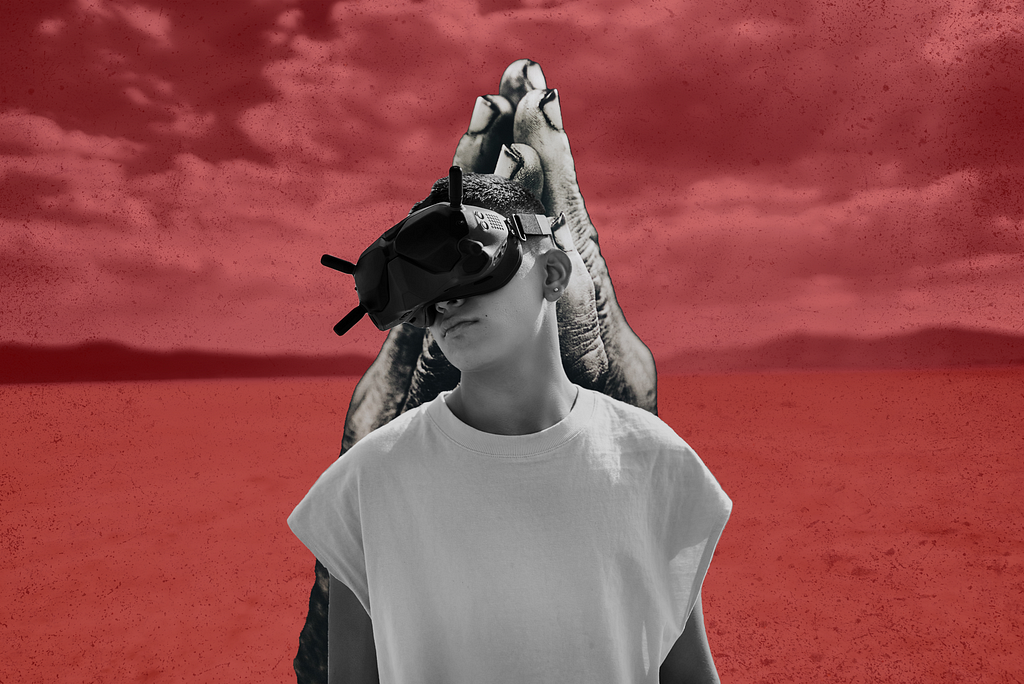 A black and white processed photo with a red background of a person wearing a white tshirt layered over hands layered over a dessert photo