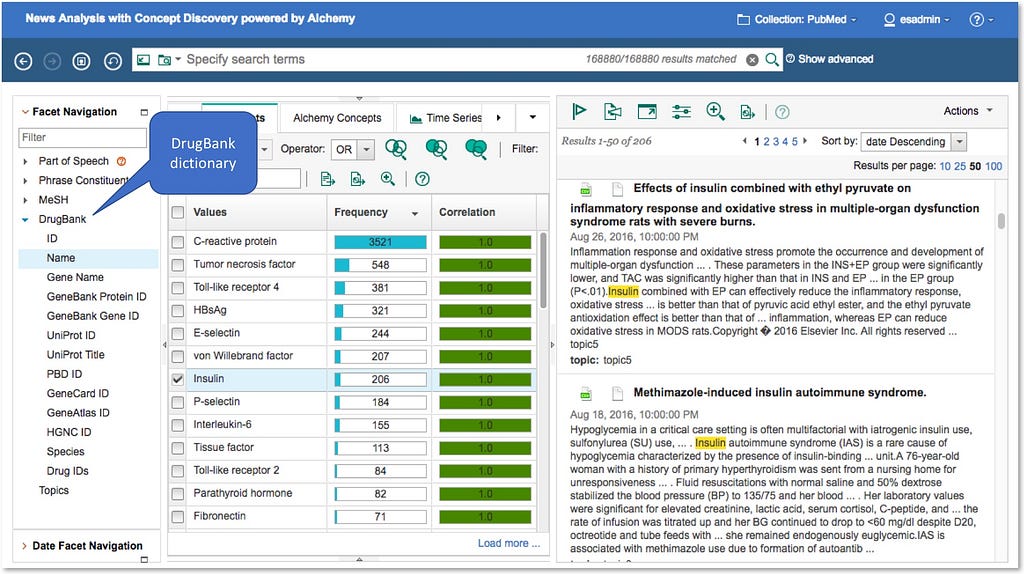 Screenshot of Watson Explorer representing a word dictionary, where we can see and traverse the various drug attributes such as drug name, protein details, and so on. We can also make queries against the corpus and find results that pertain to the drug information available in the dictionary.