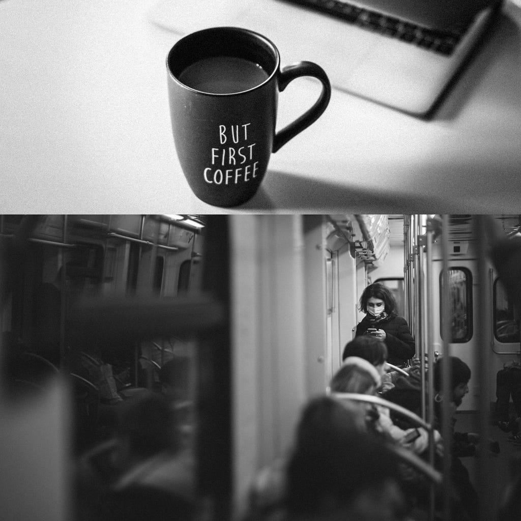 Composition of two black and white photo. At the top, there’s a coffee cup with the words ‘But first coffee’ written on it, along with a computer beside it. At the bottom, a young woman in the subway is reading something on her smartphone.