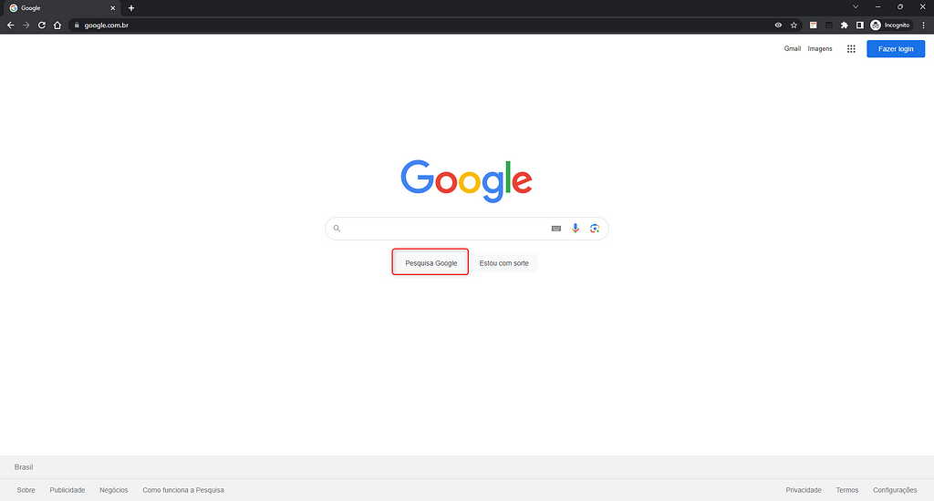 Página inicial do google com botão de pesquisa enquadrado em vermelho