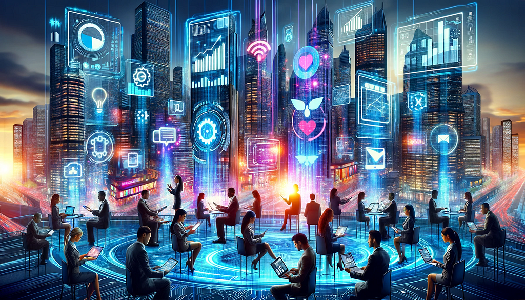 “Future of Sales and Marketing: Navigating the Digital Shift”. This digital-themed artwork captures the essence of the evolving landscape in sales and marketing within a futuristic cityscape. Created using DALL-E.