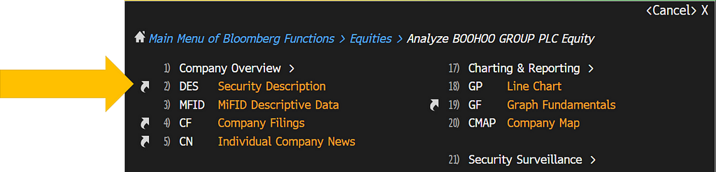 Menu of common functions in Bloomberg.