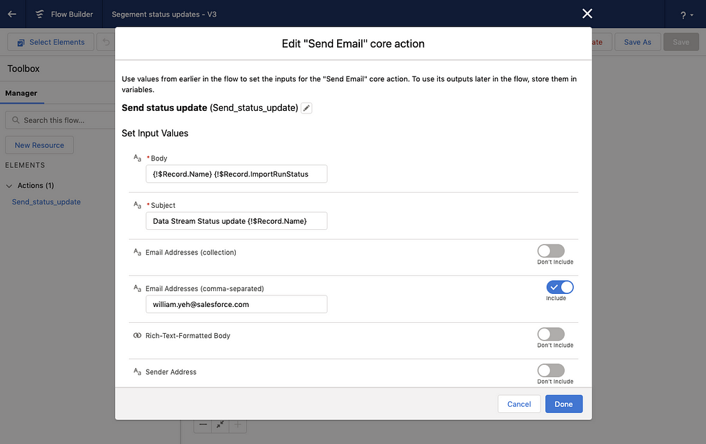 Screen showing a new email core action with subject, body, and recipient address filled out.