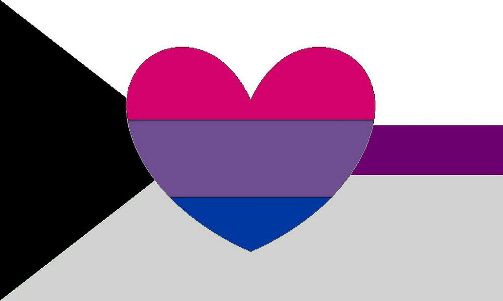 Image: The demisexual pride flag — a horizontal white band over a grey band with a purple stripe running through the middle a
