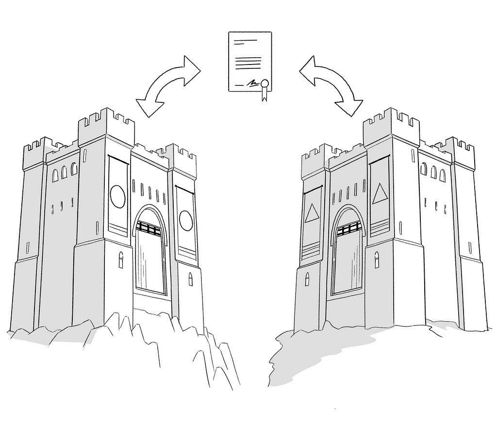 Hand drawn illustration in black and white representing two castles with a contract in-between.