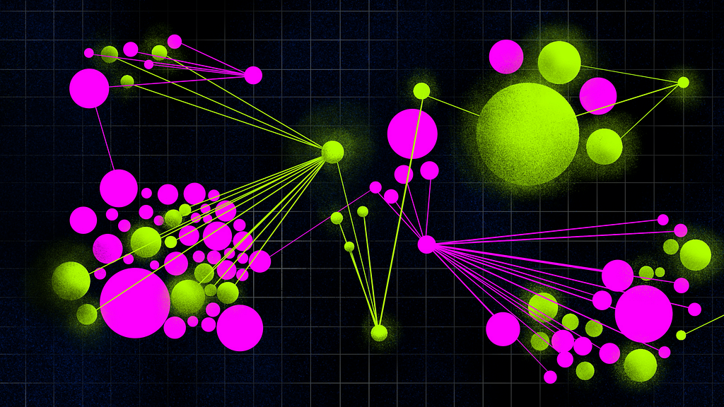 Pink and chartreuse circles, of all varying sizes, connected by thin lines in their respective colors, all on a black background with a transparent white grid.