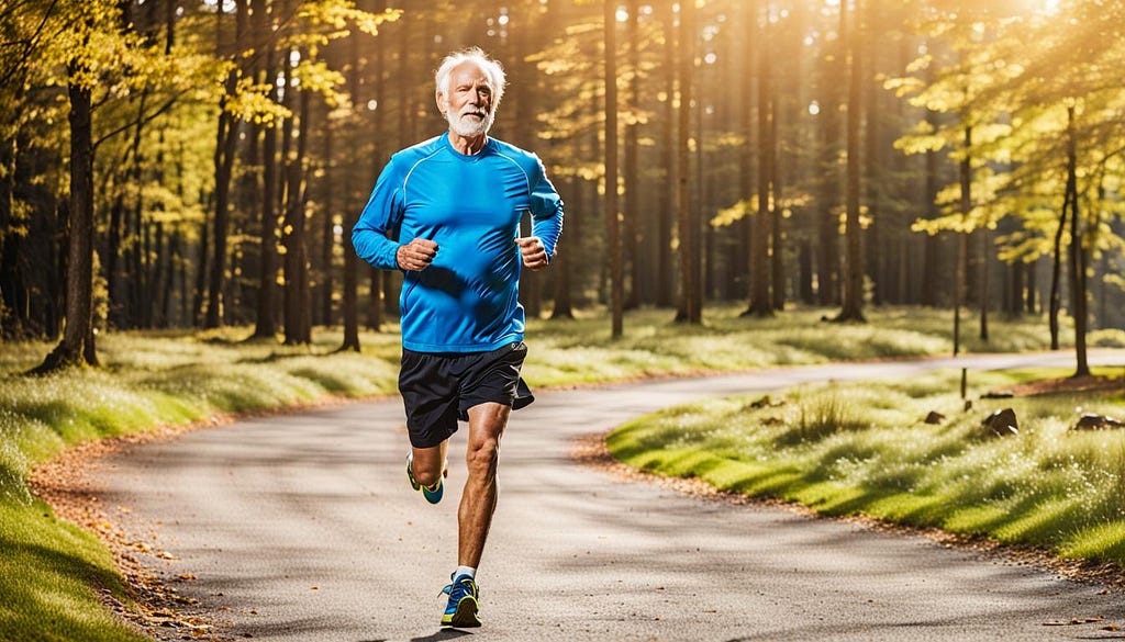 Older man running in the woods