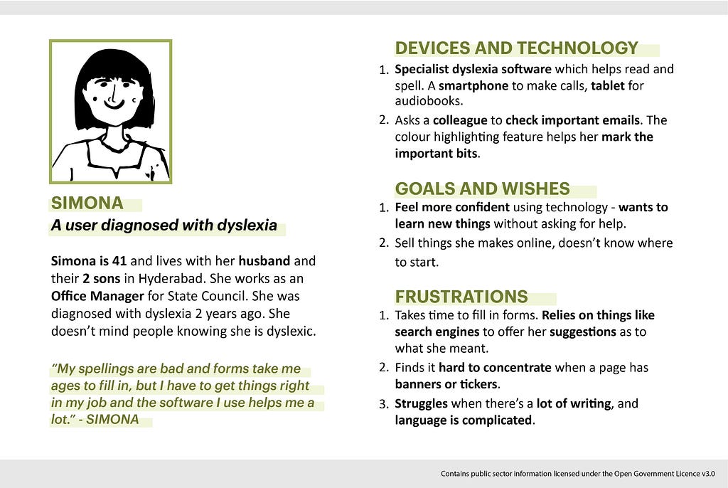 This image consists of a persona for  Simona who has been diagnosed with dyslexia
