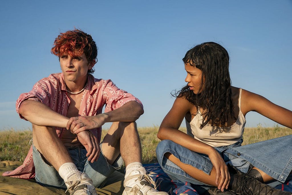 From left to right: Timothée Chalamet as Lee and Taylor Russell as Maren sitting in a vast field under a bright, blue sky.