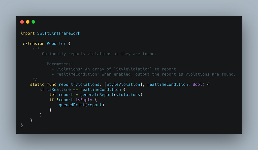 the final pull request that i made for the SwiftLint example: optionally reports violations as they are found. and then the actual function is documented with arguments with clear explanations.