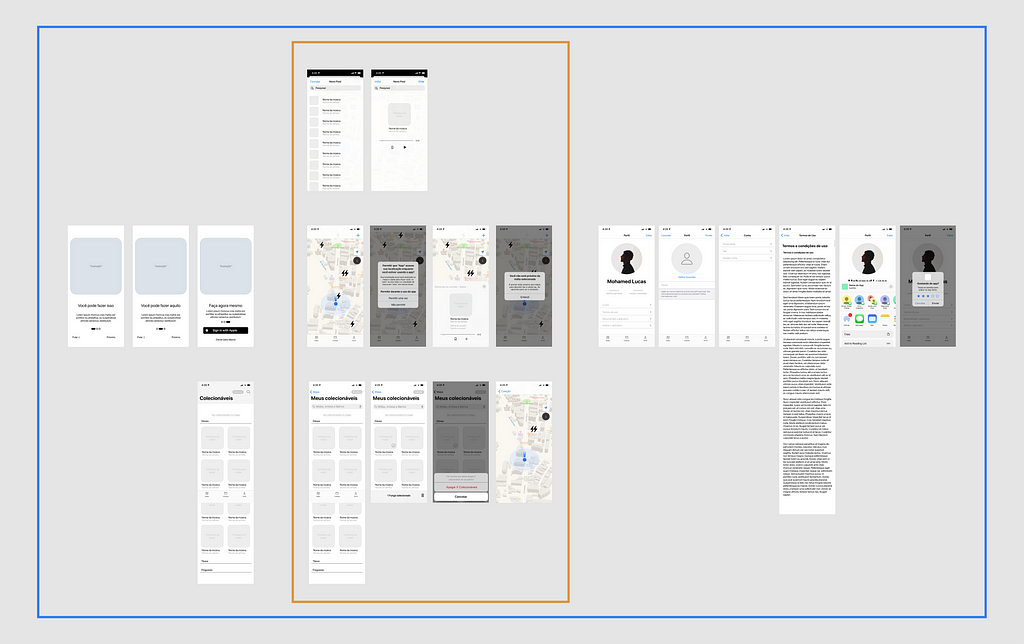A screenshot from a Figma workspace with some prototyped low fidelity human interfaces from the cogu app. They are divided by alternative flows and main flow, in the middle with an orange rectangle outligning it.