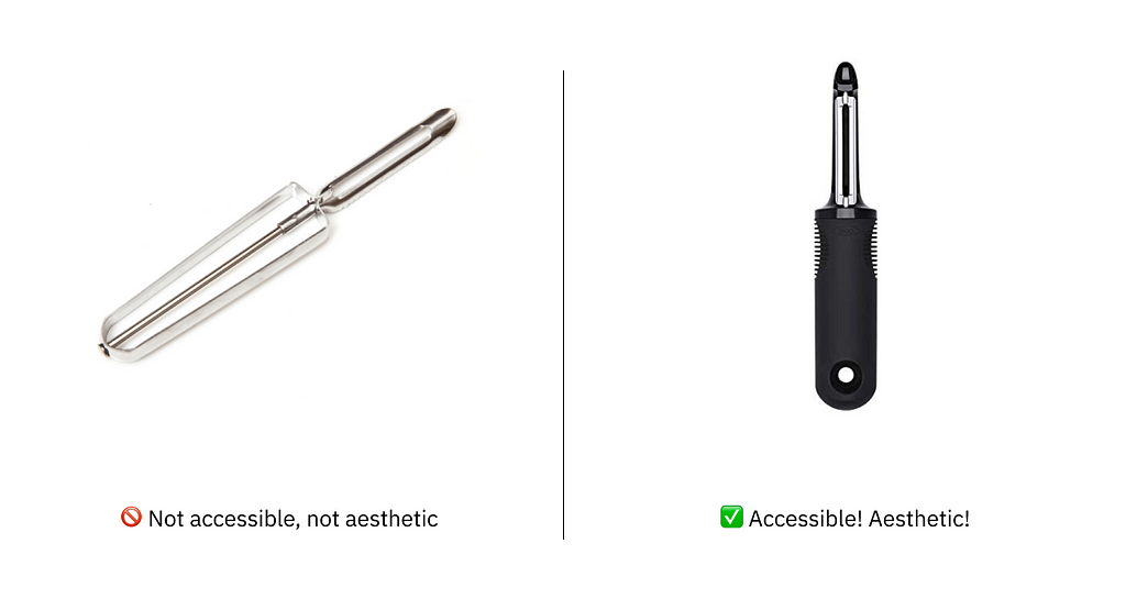 Comparison of the old metal peeler (not accessible, not aesthetic) with the new OXO grip peeler (accessible! aesthetic!)