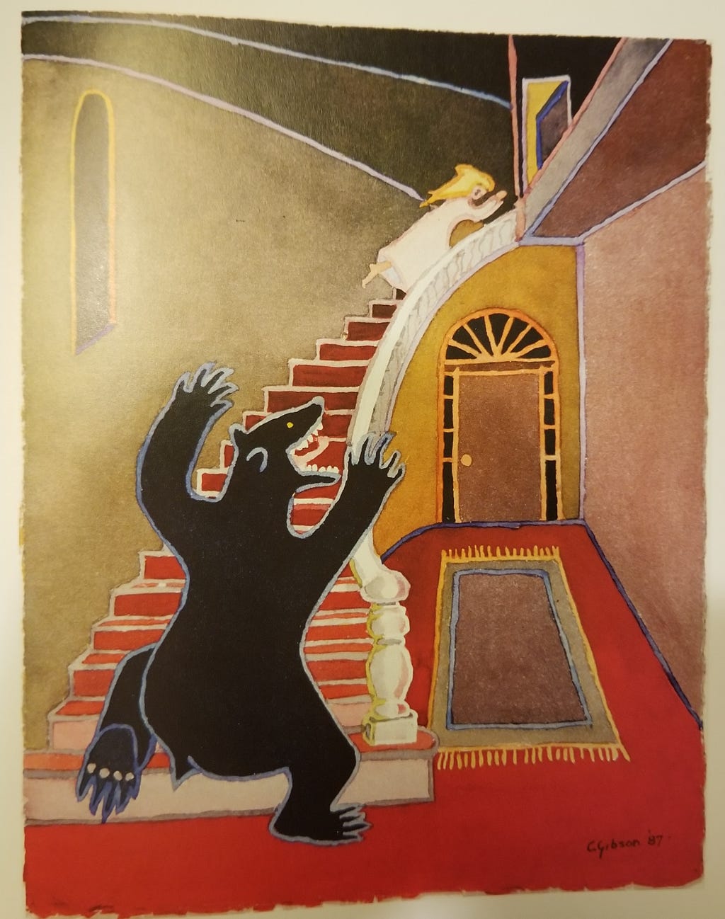 Bear on the Stair painting by Catherine Augusta Rademacher Gibson, in book by her daughter, St. Louis artist Mary Sprague. Used with permission