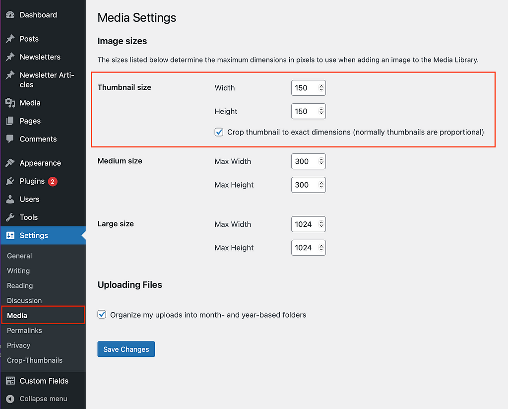 Changing the thumbnail size in the Media settings