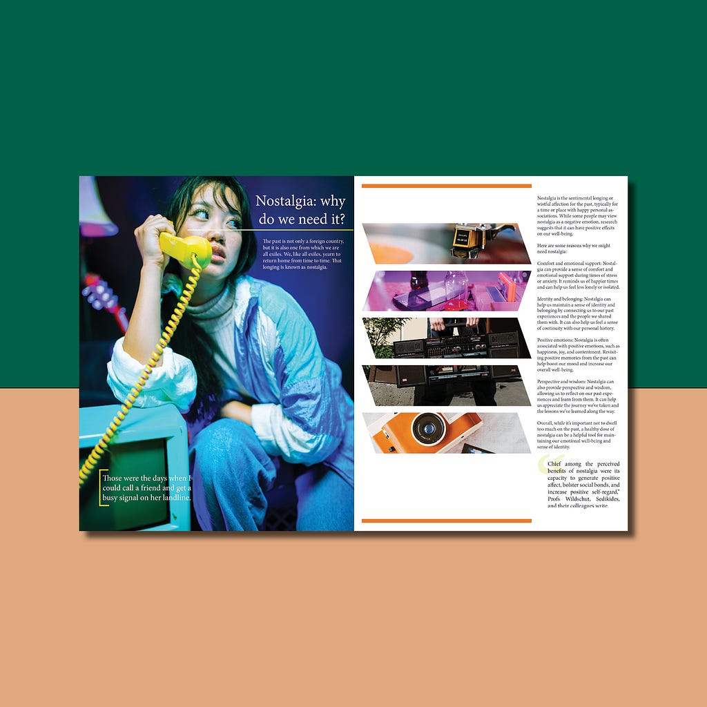 Magazine Spread on green and Tan Background. Page 1: Magazine Page Spread Girl In Retro Track Suit Holding The Reciever Of A Telephone, Leaning On An Old Box Television. Page2: Magazine Page Spread Stacked Photos of A Record Player, Two Of A Boombox, And The Last Photo A Manual Camera, In A Stack To The Left of A Column Of Text
