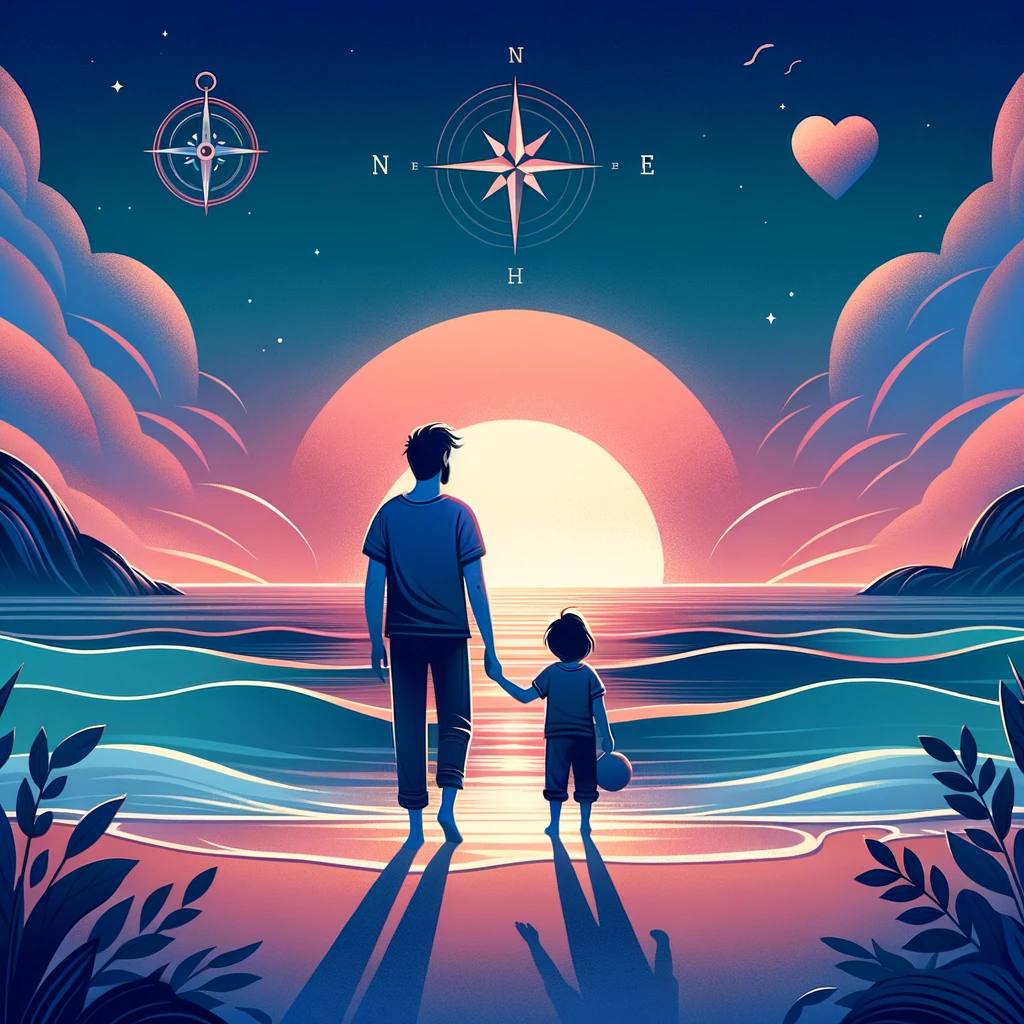 Parent and child standing at a serene beach during sunset, symbolizing the end of a sleep training journey and the beginning of peaceful nights