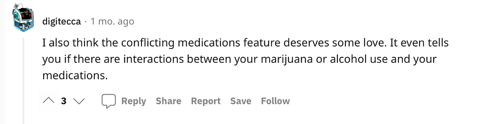 Reddit comment showing the benefit of medication interactions