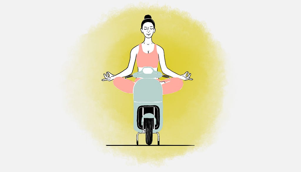 A person meditating on a scooter’s saddle, like they are mentally connected.