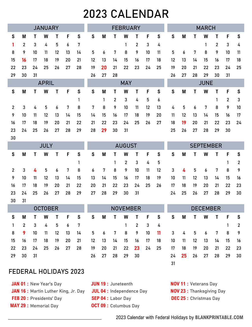Downloadable and Printable 2023 Calendar with US Federal Holidays, Official, Public Holidays and Festivals.