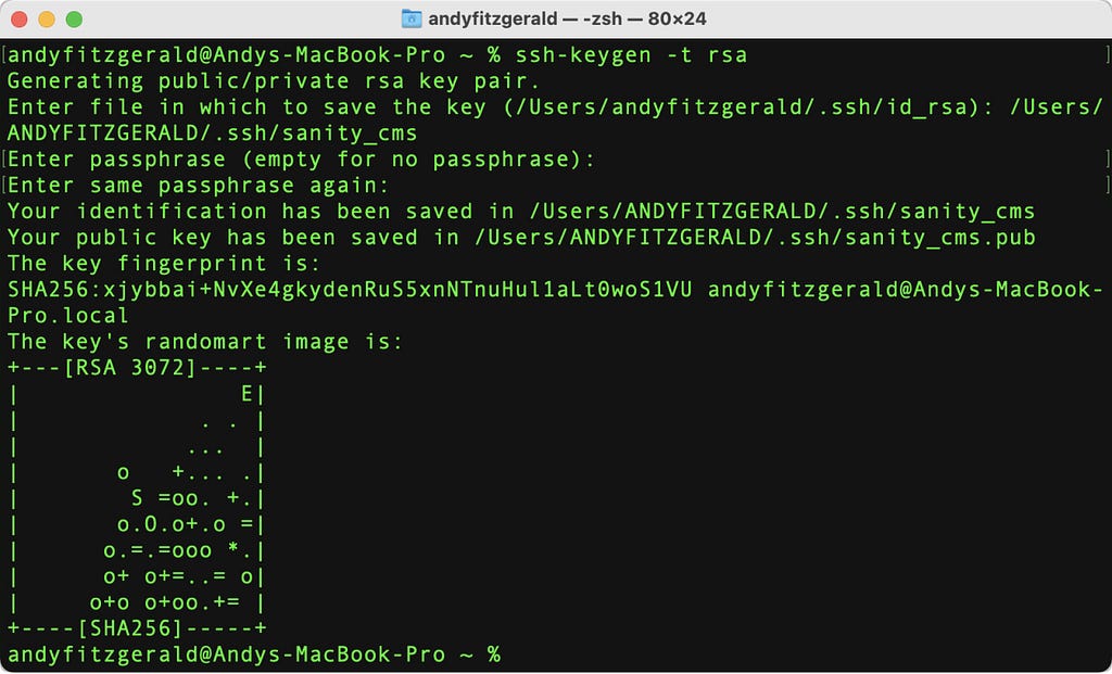 Screenshot of a terminal window showing the randomart image generated as the result of RSA key pair creation