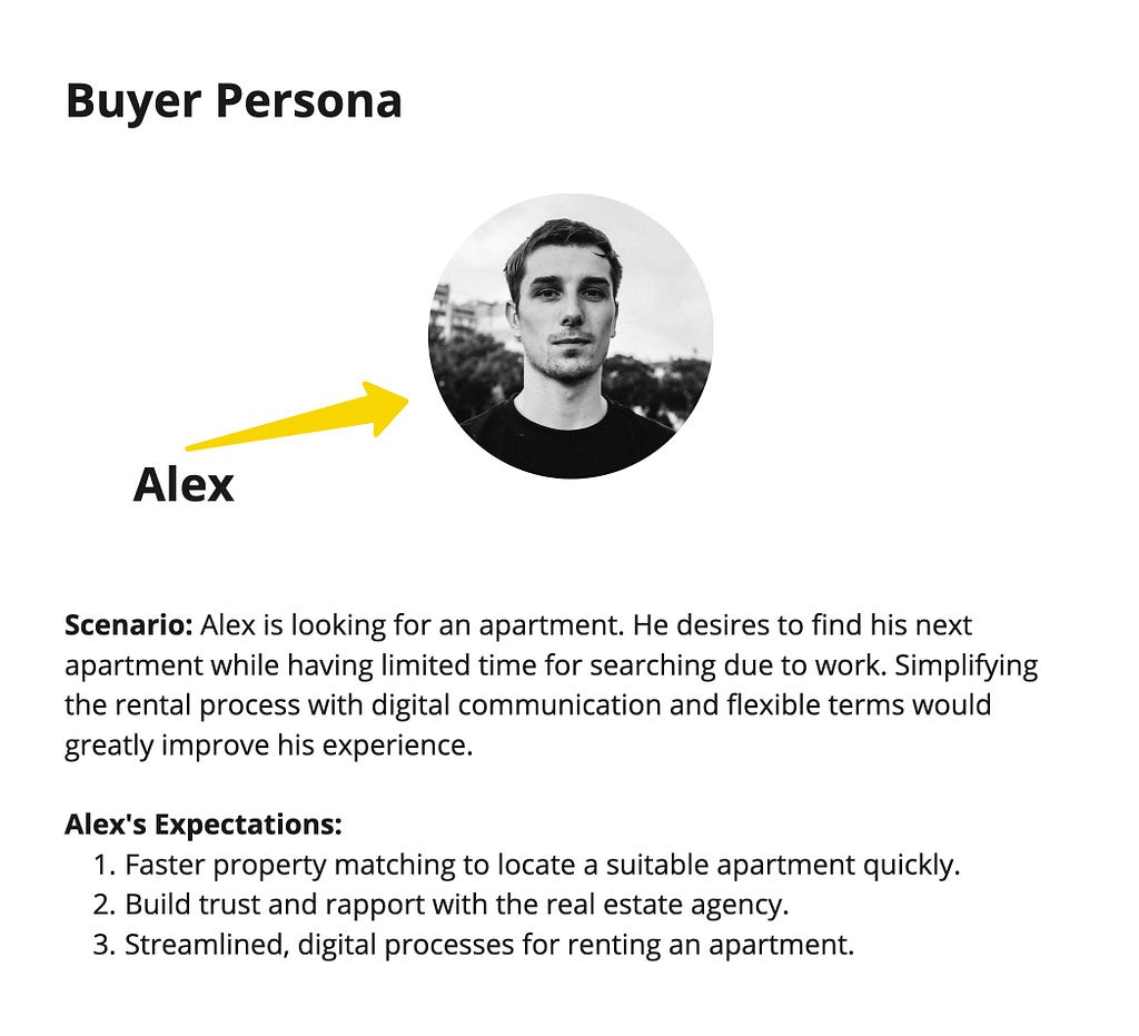 Alex — buyer persona of customer journey, the scenario and his expactations