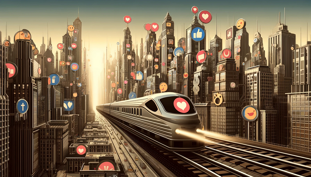 An image of a high speed train zooming through a social-media city on an elevated track, with brand symbols floating all around