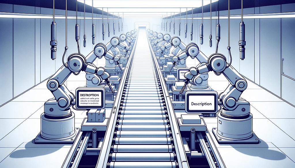 “Duotone illustration in white and blue of a progressive assembly line in a factory. Five distinct robots work in sequence on a conveyor belt, each adding a unique component to a product. Starting from the left, the slender robot affixes the ‘Title’, followed by a bulkier robot integrating the ‘Description’. A rounded robot then attaches visual ‘Images’, an angular-designed robot integrates the ‘Price’, and finally, a sleek, modern robot embeds ‘Hyperlinks’. The entire scene captures t