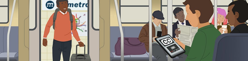 A person using assistive close captioning on their device while taking public transit.