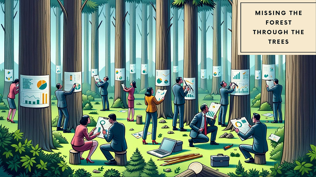 A large business team puts up analytics posters on the trees and is symbolized as missing the big picture through the trees