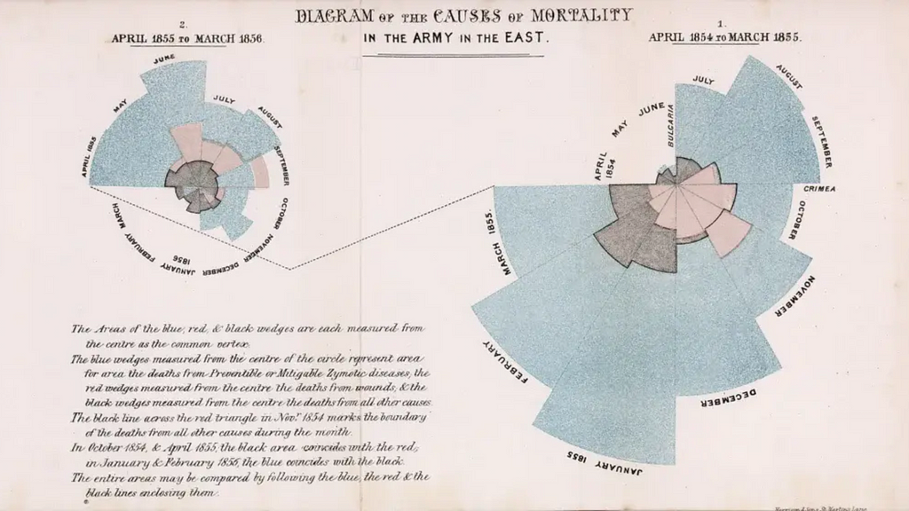 A imagem representa um dos primeiros projetos de análise de dados, criado pela Florence Nightingale.