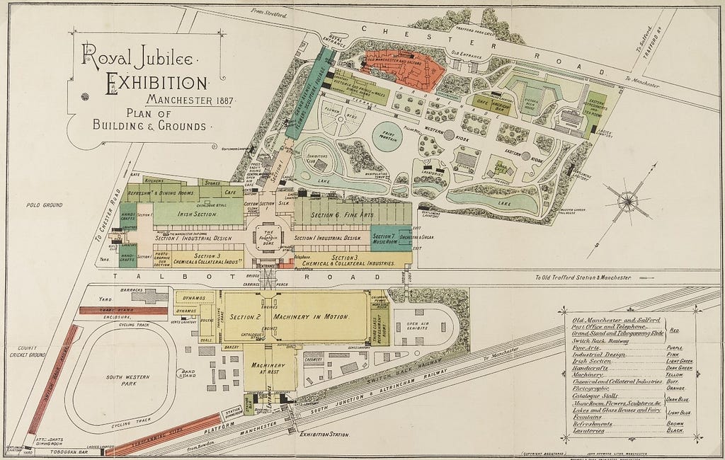 Coloured plan showing buildings and grounds, with key (bottom right-hand corner) to different sections of the exhibition.
