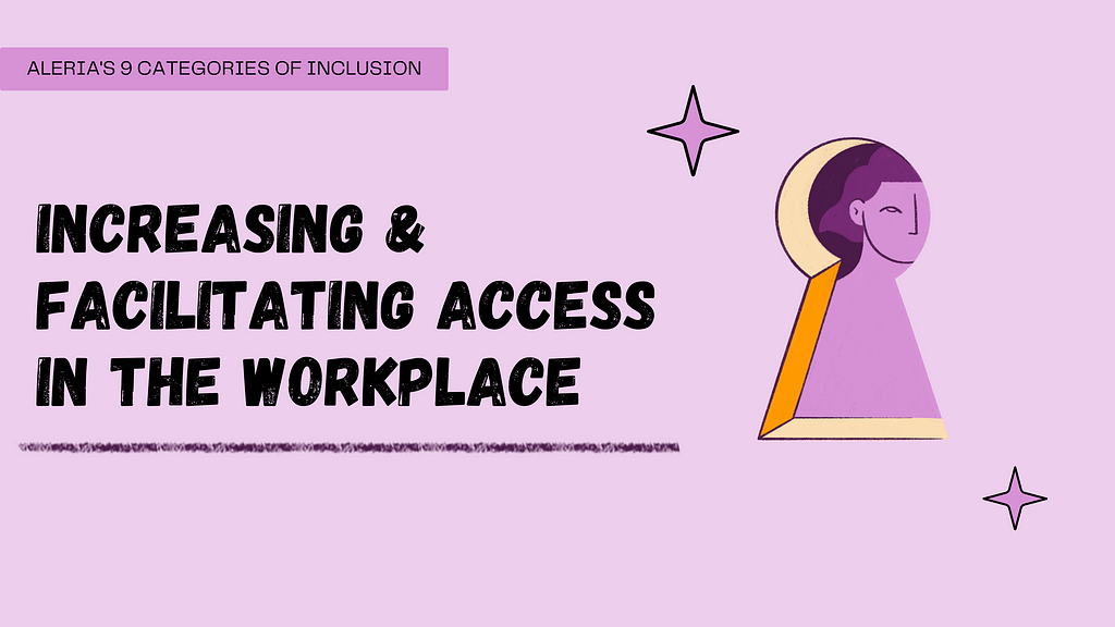 Purple background with the heading text, “Increasing & Facilitating Access in the Workplace”. Top left purple box says, “Aleria’s 9 Categories of Inclusion”. Illustration of a person looking through a keyhole on the right.