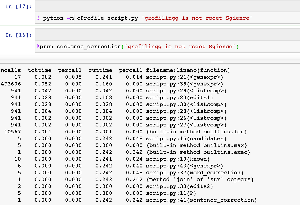 a table of performance statistics for the sentence_correction function of cProfile