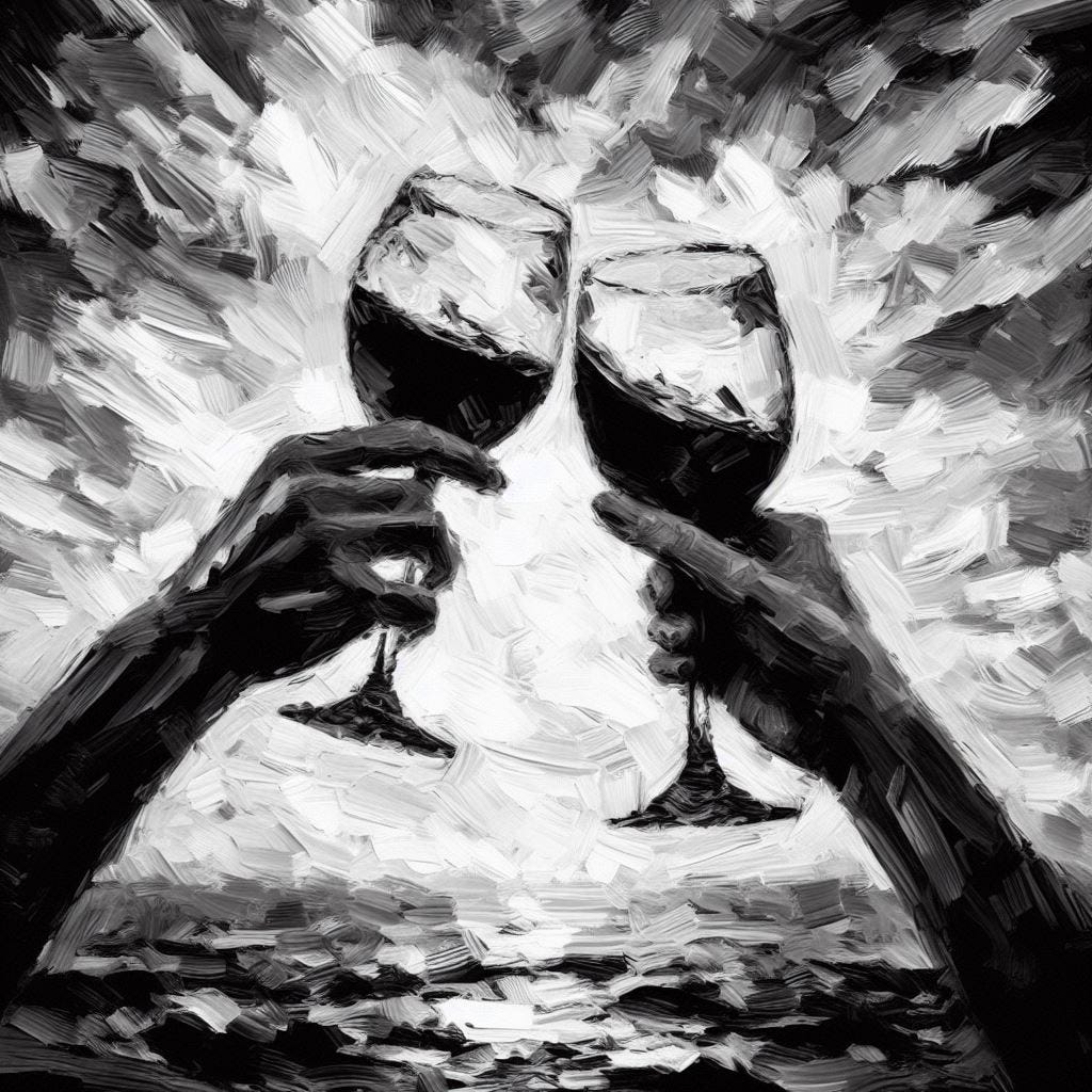 Two arms with a glass of wine each, cheering in the air, black and white impressionism painting.