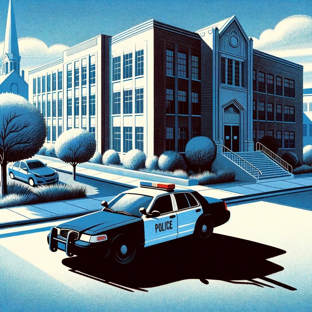 The image portrays a police car parked outside a school, symbolizing the intersection of surveillance and authority within an educational setting. This visual representation reflects the underlying tension between educational nurturing and authoritative surveillance.