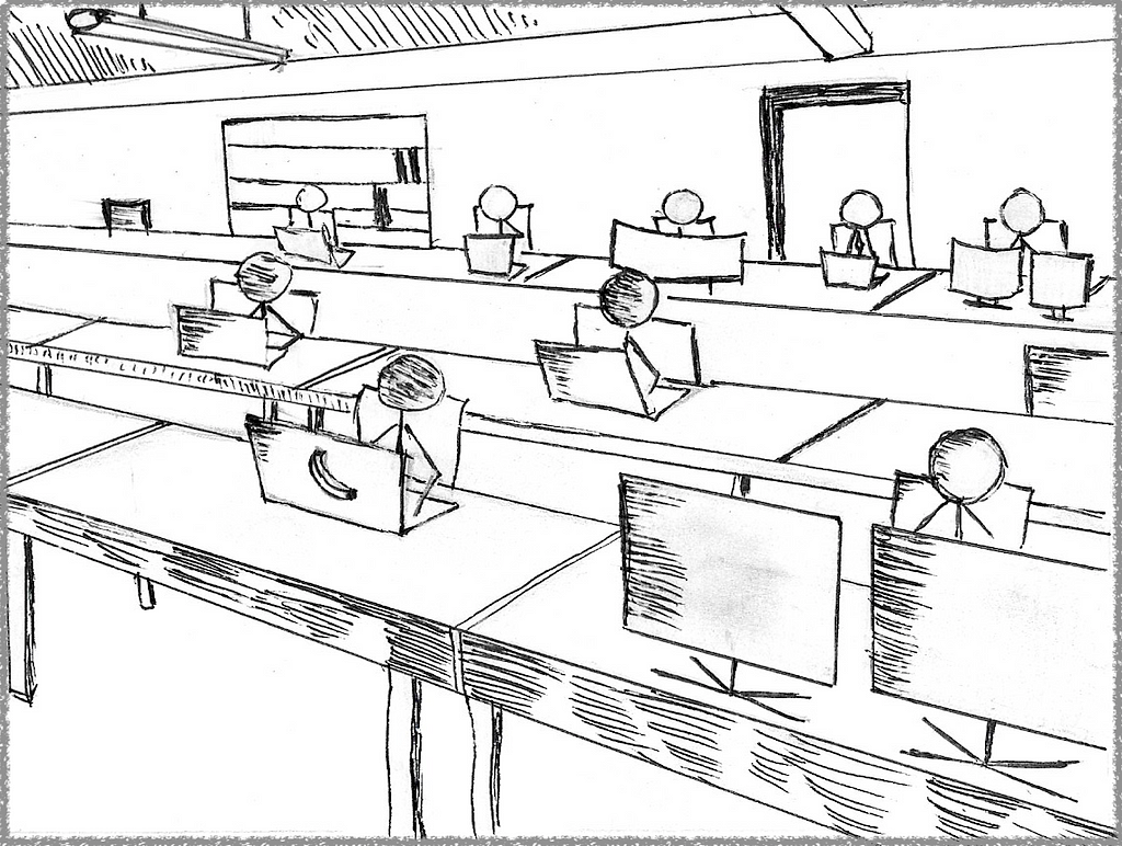 Perspective view of an office with three rows of desks with dozens of people looking at monitor screens.