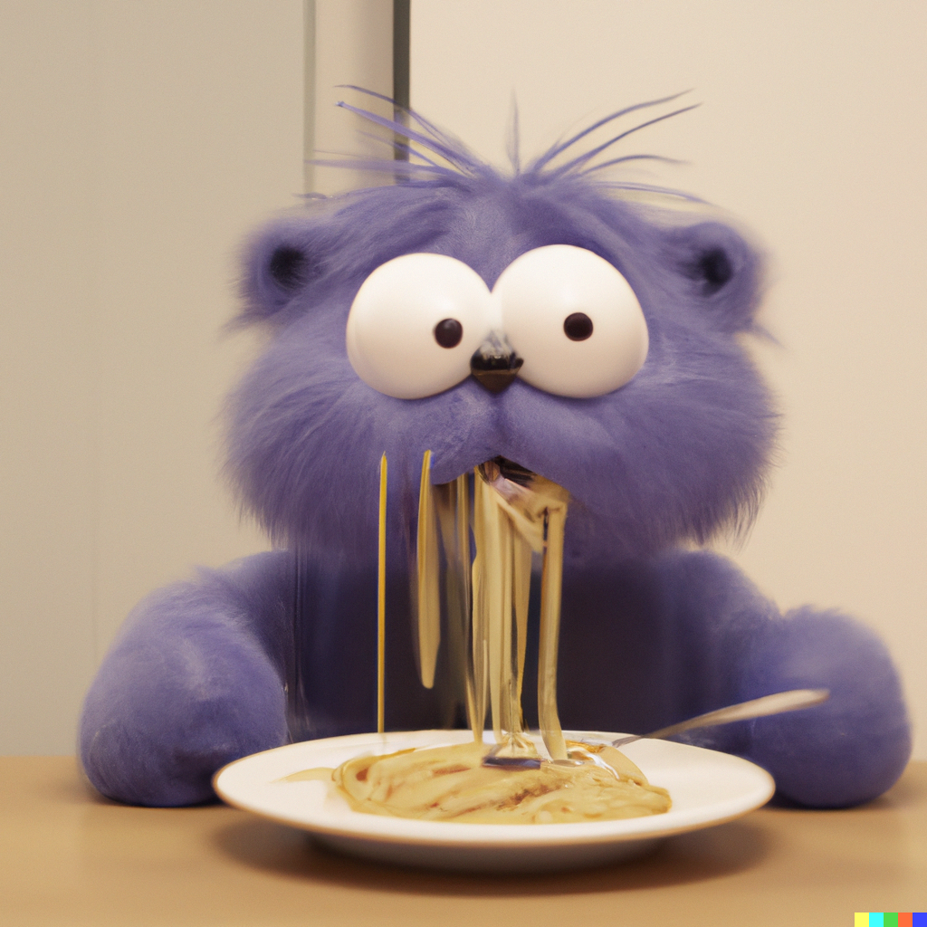 Image of an AI generated (using dall-e 2) purple fluffy monster looking a bit confused and eating overcooked spaghetti.