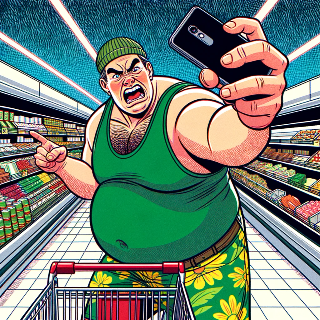 Ilustração editorial de revista retratando uma postagem de vídeo em uma rede social. A imagem mostra um homem corpulento e irritado vestindo um boné verde e amarelo. Ele está apontando com frustração para uma prateleira de supermercado que está parcialmente vazia. Enquanto faz isso, ele olha para a câmera com uma expressão intensa. O ambiente ao redor dele é o interior de um supermercado, com várias prateleiras e produtos.