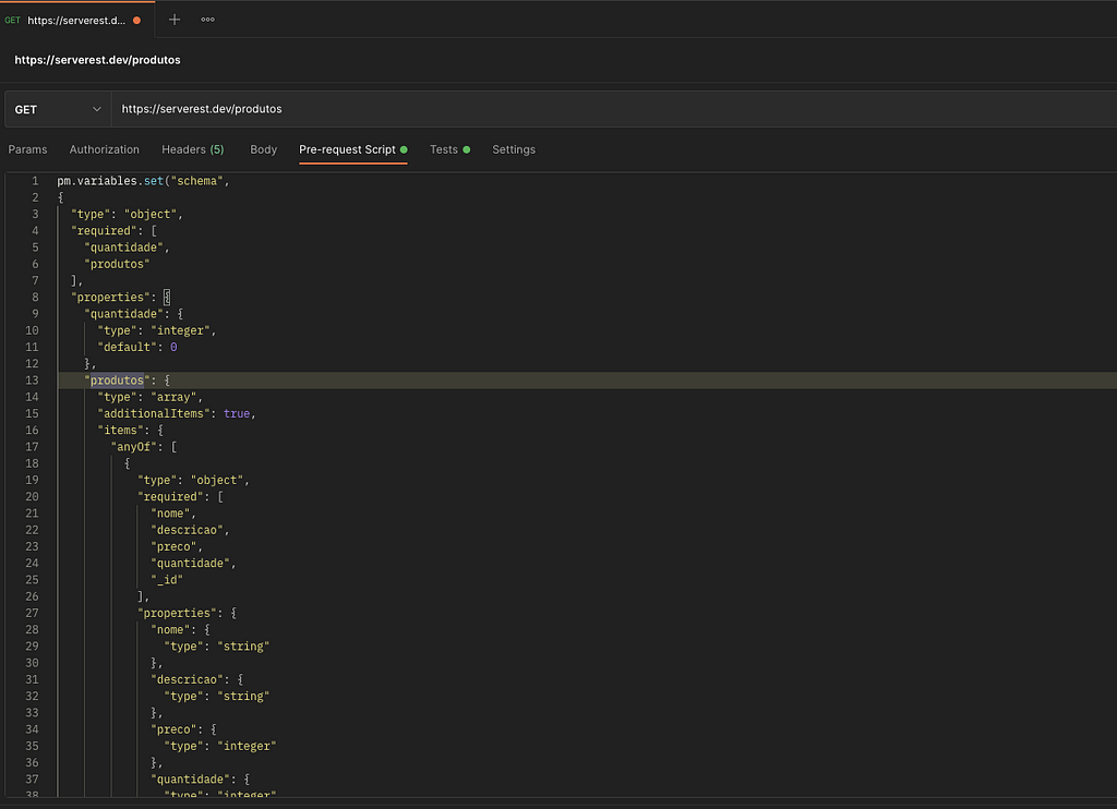 Screenshot da aba Pre-request Scripts com o schema que será usado no teste