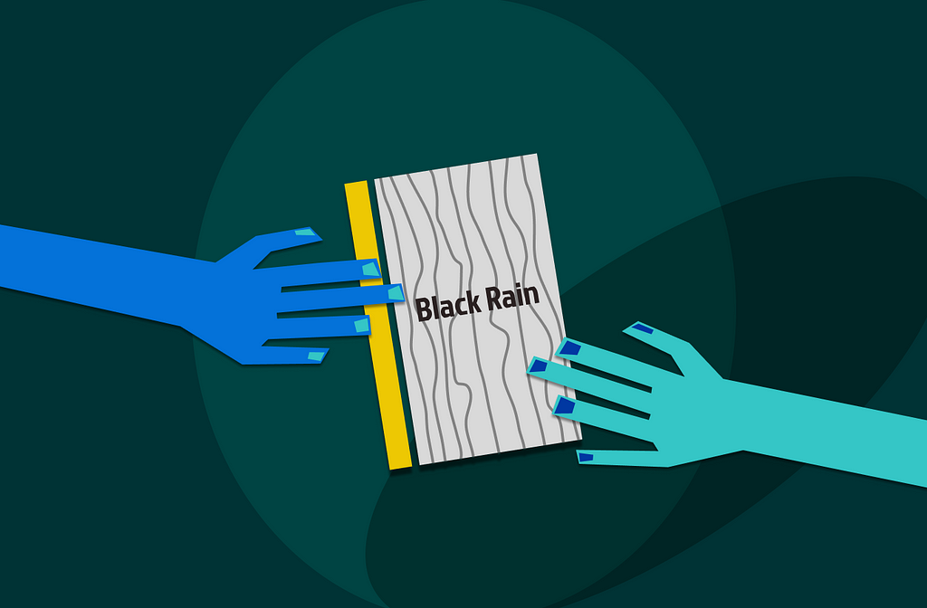 Illustration of a book titled Black Rain, with yellow spine. Two hands are reaching for the book in the middle.