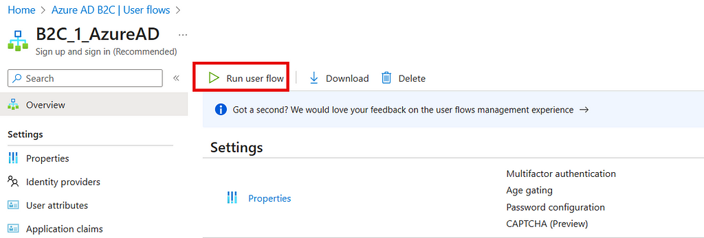 Image of B2C user flow with “Run user flow” button