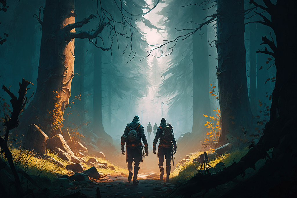 Two adventurers on a beaten path with large trees lined on either side, with two more figures outlined in the distance.
